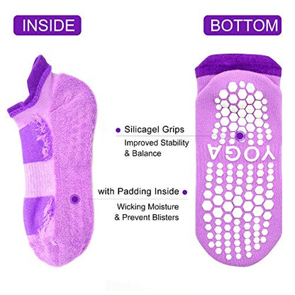 Busy Socks 2 Pack Women Ankle Non Slip Yoga Pilates Grip Socks with Cushion | Anti Skid Slipper Arch Support Socks for Barre Bikram Dance Trampoline Fitness Hospital Home Floor Walking Jogging Cardio - color: 2 Pairs Black/Purple