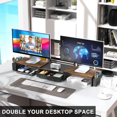gianotter Dual Monitor Stand Riser With Drawer and 2 Pen Holders - color: Wood