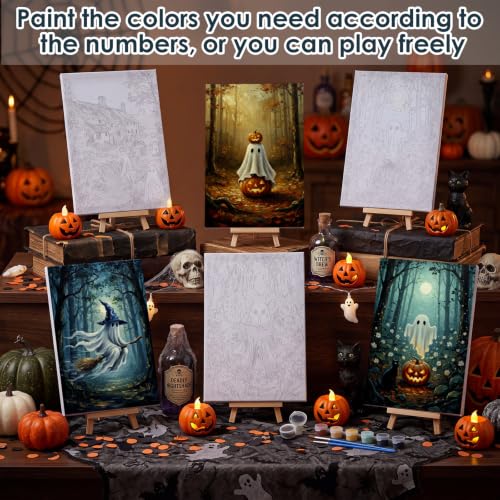 Honoson 6 Pcs Ghost DIY Paint by Number Kits for Adults | Framed Canvases with Easel, Ghost Decor, Acrylic Paints, Brushes for Beginner, Ideal for Haunted Wall Decor and Stress Relief - style: Ghost