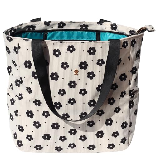 ESVAN Original Floral Water Resistant Large Tote Bag Shoulder Bag for Gym Beach Travel Daily Bags Upgraded - color: Corduroy Black Flower