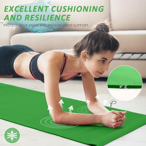 Fitvids All Purpose Thick High Density No Tear Exercise Yoga Mat with Strap & Lightweight Features for Indoor & Outdoor Use - color: Green