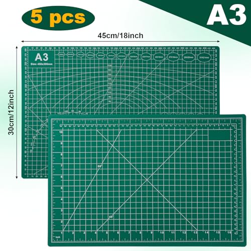 A3 Self Healing Cutting Mat Set, 5 Pack Double-Sided PVC Cutting Mats for Crafts with Inch, Metric, and Angle Guides for Sewing, Quilting, and DIY Cutting