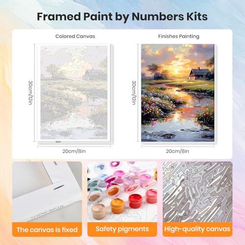 HEIBAGO Framed Paint by Numbers Kit Countryside Sunset for Adults, Paint by Numbers for Adults Beginner, Adult Paint by Number Kits on Canvas, DIY Painting by Numbers for Gift Home Wall Decor 8 x 12In - color: Countryside Sunset