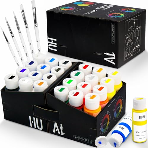 HUAL Acrylic Paint Set With 5 Brushes, 24 Colors (60ml, 2oz) for Artists Kids Beginners & Painters,Model/Canvas/Rock/Fabric/Glass/Stone/Ceramic/Wood Painting, Non Toxic - color: White Bottle