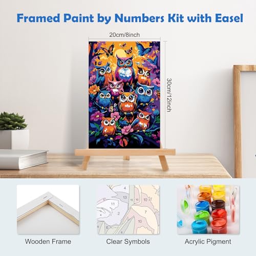 MOGTAA Owl Paint by Numbers Kit for Adults Beginners with Frame, Flowers Adult Paint by Number Kits on Canvas with Easel, Easy DIY Animal Oil Painting Kits for Home Decor, 8x12in - color: Owl Flowers