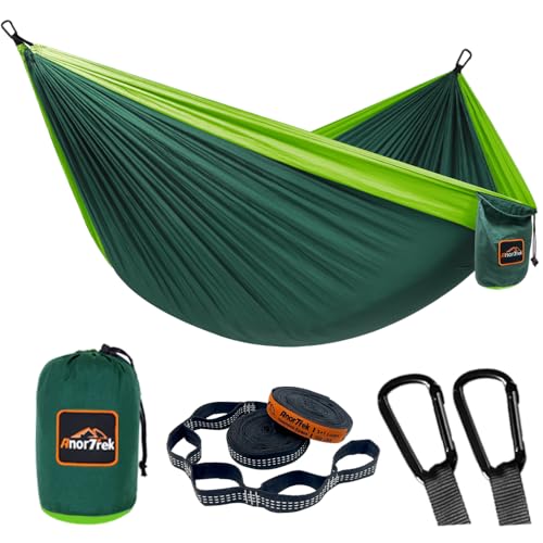 AnorTrek Camping Hammock, Super Lightweight Portable Parachute Hammock with Two Tree Straps Single or Double Nylon Travel Tree Hammocks for Camping Backpacking Hiking - color: Dark Green&green, size: Double 118''L x 78''W