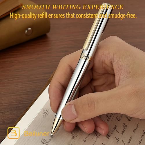 BEILUNER Silver Gold Gel Pen - Luxury Featuring sophisticated chrome finishes, with 24K Gold Accents, Best Pen Gift Set for Men & Women, Business Signature, Executive, Office Retractable Pens - color: Silver Chrome and Gold Finish
