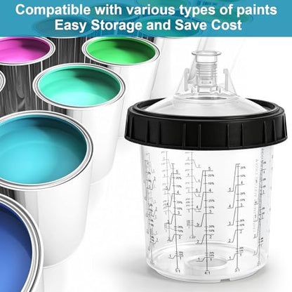 Yesland Disposable Paint Sprayer Mixing Gun Cup Liners and Lid System for Automotive Paint Gun, 20 Pack Paint Cups 20 Ounce (600ml) Kit, 20 Lids with Strainer, 8 Plugs, 1 Hard Cup with Retainer Ring