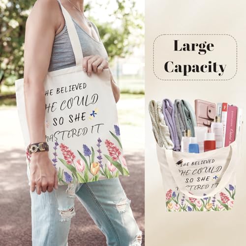 Aesthetic Canvas Tote Bag for Women with Inner Pocket - color: Graduation-flower