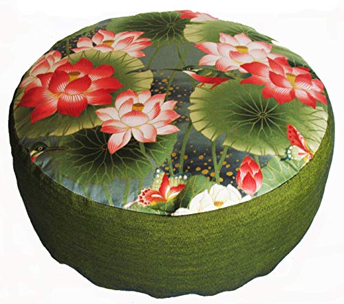 Meditation Cushion Zafu Pillow Buckwheat & Kapok Fill - Limited Edition Lotus Sanctuary Pink Green - color: Lotus Sanctuary Pink Green