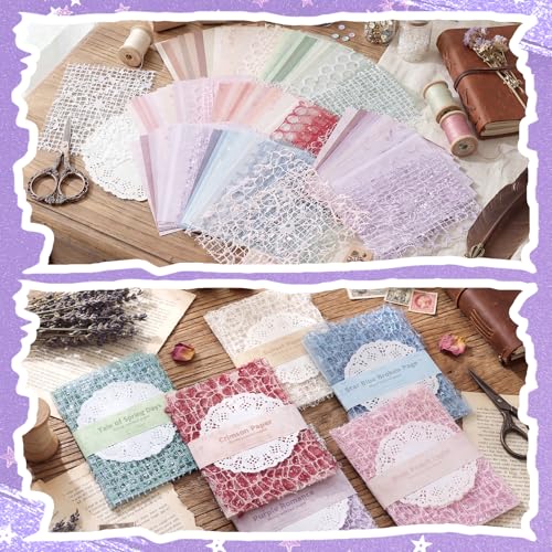BESARME 140 Pcs Textured Scrapbook Paper & Lace Stickers Set | 120 Patterned Sheets, 20 Lace Stickers, 5.5 x 3.9 In, For Junk Journals, Planners, Vision Boards, Card Making - color: Multicolor