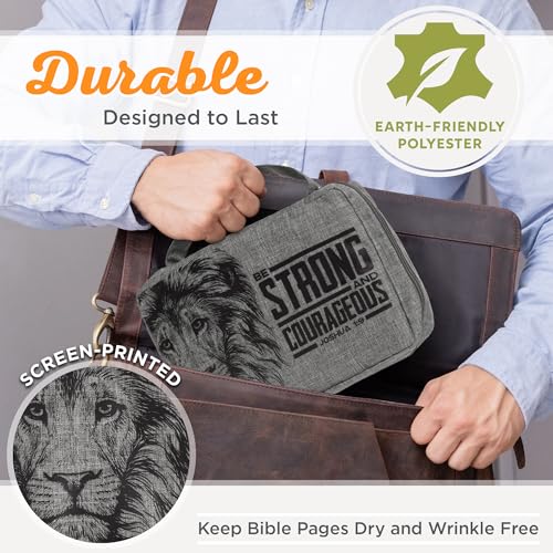 Christian Art Gifts Value Poly-Canvas Bible Cover for Men & Women: Strong & Courageous Bold Lion - Joshua 1:9 Inspirational Scripture with Pocket, Sleeves, Pen Loops, Gray, Medium - color: Gray/Be Strong, size: Medium