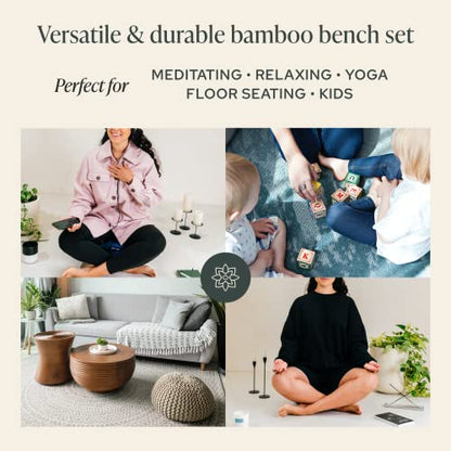 Mindful Modern Bamboo Bench and Zabuton Meditation Mat Bundle - Small Kneeling Meditation Bench with Locking Magnetic Hinges - Wooden Kneeling Ergonomic Bamboo Seiza and Mat for Meditation