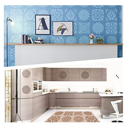 INFUNLY 9PCS/Set Mandala Flowers Wall Stencils for Painting 12x12 Mexican Tile Stencil Art Flower Concrete Floor Stencils Reusable Drawing Template for Painting Wood Canvas Furniture Patio Home Decor