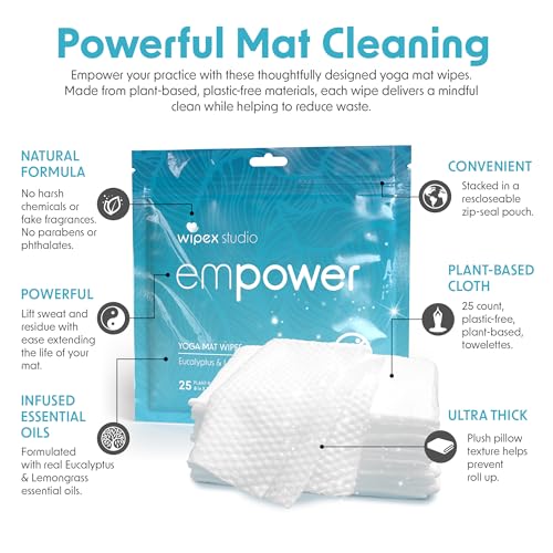 Wipex Studio Empower Yoga Mat Cleaner Wipes 25ct Zip Pack, Ultra Thick and Textured, Lemongrass Eucalyptus Scent, Natural Choice for Yoga, Pilates, or Any Movement Practice (25 Count (Pack of 6)) - size: 25 Count (Pack of 6)