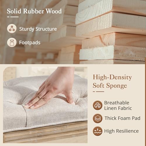 LUE BONA 60" Fabric End of Bed Bench, Upholstered Tufted French Bedroom Bench with Carved Legs for Bedroom End of King Size Bed, Living Room, Linen - color: Linen and Wood, size: 60''