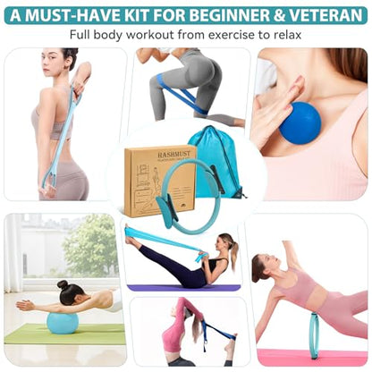 HASHMUST Pilates Ring Kit 12 PCS for Women, Home Workout Equipment with Magic Circle, Mini Exercise Ball, Resistance Bands, Massage Lacrosse, Yoga Strap, Full-Body Fitness Set for Toning & Gift - color: Blue