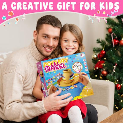Weilim Pottery Wheel for Kids Beginners, Air-Dry Clay & Paint Kit Ages 6-12 | 3 Clay Packs, 14 Paint Colors, Sculpting Tools, Brushes, Palette,Apron; Gentle Beginner Spin, USB Rechargeable, No Oven - color: Pink