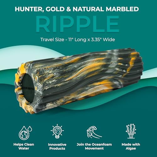 Oceanfoam Ripple Travel Foam Roller (11" x 3.35") Firm Mini Foam Roller for Physical Therapy, Deep Tissue Massage, Back Pain - High Density, Wave Textured - Yoga (Hunter, Gold & Natural Marbled) - color: Hunter, Gold & Natural Marbled