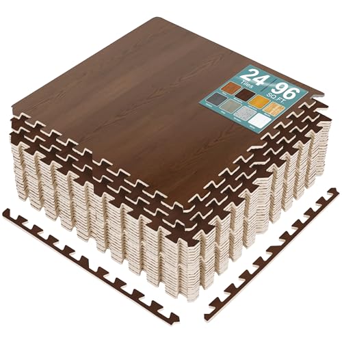 Sorbus Interlocking Wood Grain Foam Floor Tiles (24 Pack, Mahogany) | 3/8-inch EVA floor mats create cushioned foam flooring for playrooms, basements, apartments, trade shows and baby spaces. - color: Mahogany, size: 24 Pack