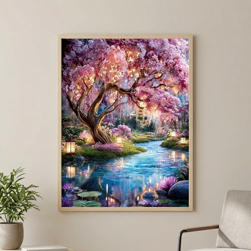 Cherry Blossom Tree Diamond Art Kit for Adults, Japanese Garden (12x16") | Full drill DIY floral gem art canvas painting for home wall decor and gifts. Beautiful pink cherry tree garden design. - color: FMA003