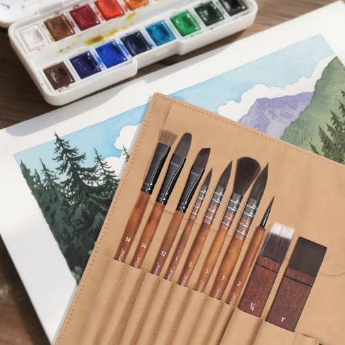 10 Pieces Paint Brush Set, Artist Series, Nylon Bristles with Round, Flat, Fan, Angle, Detail Brush, Suitable for Artists and Beginners for Acrylic Painting, Oil, Watercolor, Gouache(Brown) - color: Brown