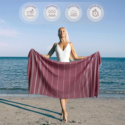 Ossano Turkish Beach Towel Lightweight & Striped Extra Large (39" x 71") - Quick Dry, Versatile and Functional as Bath, Yoga Mat, Gym Towel, Travel Blanket, Picnic Blanket - Burgundy - color: Burgundy