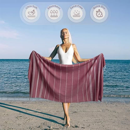 Ossano Turkish Beach Towel Lightweight & Striped Extra Large (39" x 71") - Quick Dry, Versatile and Functional as Bath, Yoga Mat, Gym Towel, Travel Blanket, Picnic Blanket - Burgundy - color: Burgundy