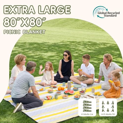 Genovega Waterproof Beach Blanket Picnic Outdoor Mat Rug Extra Large Portable Umbrella Wagon Folding Pop Tent Sun Shelter Shade Canopy Ball Cart Cool Cabana Anchor Fan Mesh Bag Tote Toallas Manta - color: Lemon Yellow Stripe