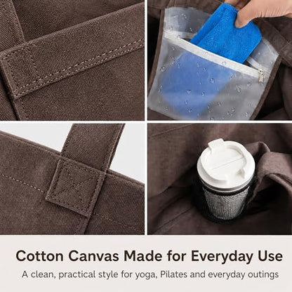 Yoga Mat Bag for Women, Pure Cotton Canvas Yoga Tote with Wet/Dry Pocket, Bottle Holder & Inner Zipper Pocket, Yoga Mat Carrier Bag for Pilates, Gym, Travel, Beach - color: Taupe