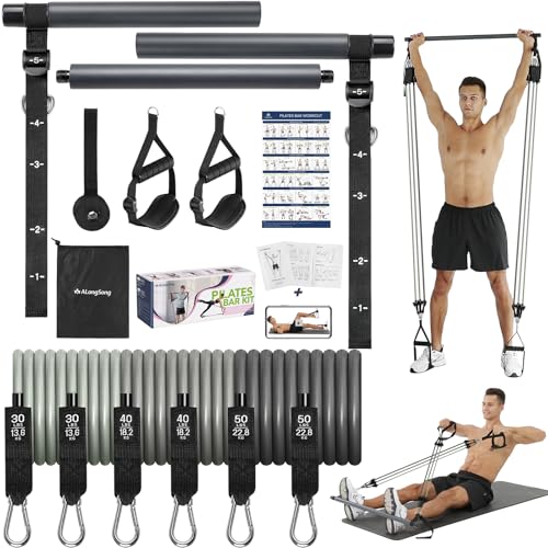 Upgraded Pilates Bar Kit with Resistance Bands Natural Latex for Women & Men, Heavy-Duty Stainless Steel Multifunctional Yoga Pilates Stick for Home Gym Exercise Fitness Equipment Full-Body Workouts - color: Blue Grey