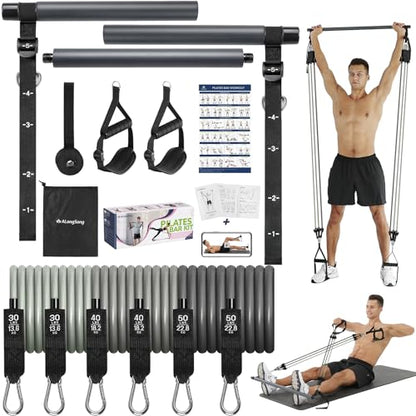 Upgraded Pilates Bar Kit with Resistance Bands Natural Latex for Women & Men, Heavy-Duty Stainless Steel Multifunctional Yoga Pilates Stick for Home Gym Exercise Fitness Equipment Full-Body Workouts - color: Blue Grey