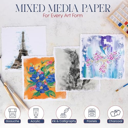 Wanderings Thick Handmade Watercolor Paper with Deckled Edge - 8" x 8" - 500GSM Premium White Cold Press Textured Mixed Media Paper Made with Recycled Cotton - 15 Sheets - color: White, size: 8x8 inches