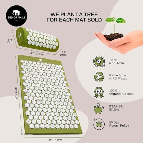 Bed of Nails Mat and Pillow Set – Original Bon Acupressure Design with 10962 Precision Nails, Mat: 28.5 x 16.5 x 1", Pillow: 14.5 x 6 x 4", Green - color: Green - Mat & Pillow Set