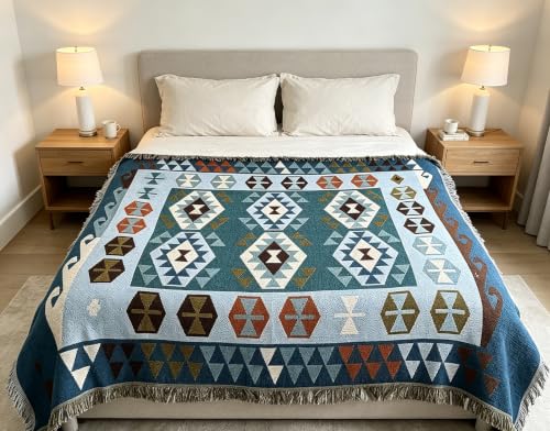 Luxlovery Blue Bohemian Sofa Throw Blankets Ethnic Woven Boho Geometric Blue and Khaki Throw Blanket for Couch Aztec Bed Throws Oversized Chair Sofa Cover with Tassels(63"x86") - color: Blue Turkey, size: 63"x86",160x220cm
