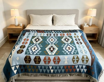 Luxlovery Blue Bohemian Sofa Throw Blankets Ethnic Woven Boho Geometric Blue and Khaki Throw Blanket for Couch Aztec Bed Throws Oversized Chair Sofa Cover with Tassels(63"x86") - color: Blue Turkey, size: 63"x86",160x220cm