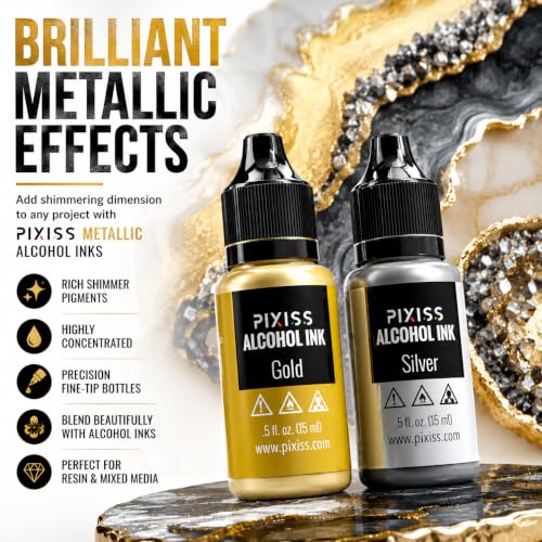 Pixiss Metallic Alcohol Ink Set - Silver and Gold Metallic Alcohol Ink Mixatives, 0.5oz Metallic Alcohol Pigment Resin Dye, Alcohol Inks for Epoxy Resin, Metallic Mixative for Yupo and Tumbler Cups