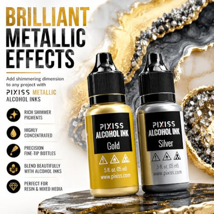Pixiss Metallic Alcohol Ink Set - Silver and Gold Metallic Alcohol Ink Mixatives, 0.5oz Metallic Alcohol Pigment Resin Dye, Alcohol Inks for Epoxy Resin, Metallic Mixative for Yupo and Tumbler Cups