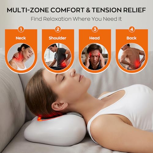 3-in-1 Shiatsu Neck & Back Massager with Heat, Vibration & Airbag Traction, Portable Cordless Electric Massage Pillow Ergonomic Design for Deep Tissue Pain Relief Muscle Relax