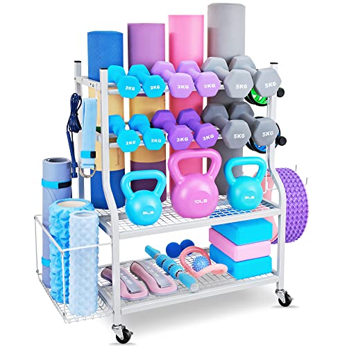 Dumbbell Rack - Weight Rack for Dumbbells, Home Gym Storage Rack for Yoga Mat, Dumbbells and Kettlebells, All in One Workout Equipment Storage with Caster Wheels (Hold Up to 450 Lbs)