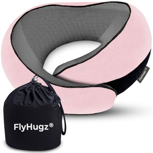 FlyHugz® Neck Travel Pillow Memory Foam Neck Pillow for Comfort on Airplane Compact and Ergonomic Design for Travel, Car Rides, and Home Use Ideal for Adults and Kids. (Pink) - color: Pink