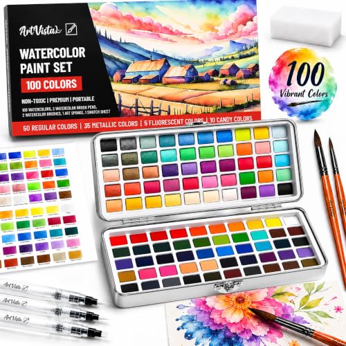 Watercolor Paint Set 100 Vibrant Colors for Adult Beginner Professional | With Metallic Colors. Travel Size Water Color Art Kit Palette for Adults & Beginners. Portable Watercolors, Artist Gifts Idea - color: Standard Set