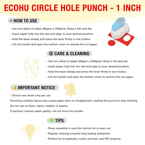 Ecohu Circle Hole Punch for Craft Sizeout 1inch, Paper Punch Shapes, Craft Lever Punch Handmade, Tool for Scrapbook, Festival Cards, DIY Arts. Use 80-200g Craft Paper.