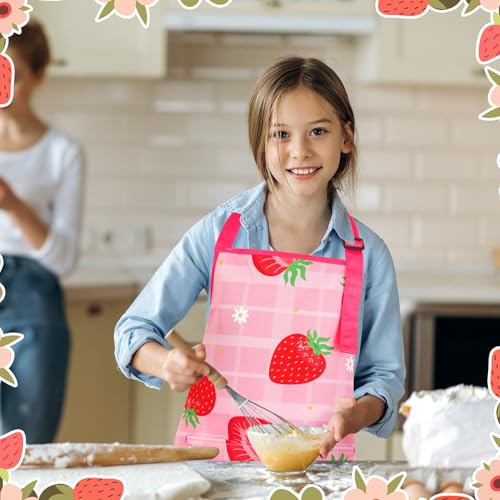 2 Pack Kids Apron, Cute Cooking Aprons, Waterproof Art Apron with Pockets, Toddler Painting Artist Apron Adjustable - color: Cute Strawberry, size: 45*62cm