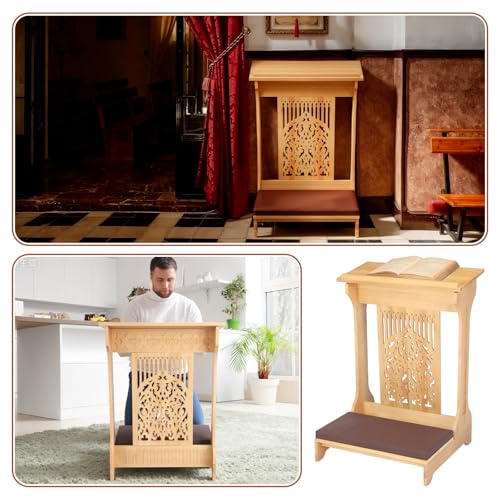 Colingmill Tree of Life Church Prayer Bench Stool Wooden Padded Kneeler with Shelf and Cushion Prayer Kneeler for Home Church Religious Gifts, 24 x 22 x 32 inches (Medium Oak Color)