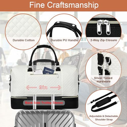 ITIEZY Weekender Bag for Women 21.5" Travel Duffel Large Carry On Bag 3PCS | Nylon Duffel Bag with Waterproof Shoe Compartment, Crossbody Bag and Toiletry Bag, Travel Weekend Hospital Overnight Gym Bag - color: 6-Off White