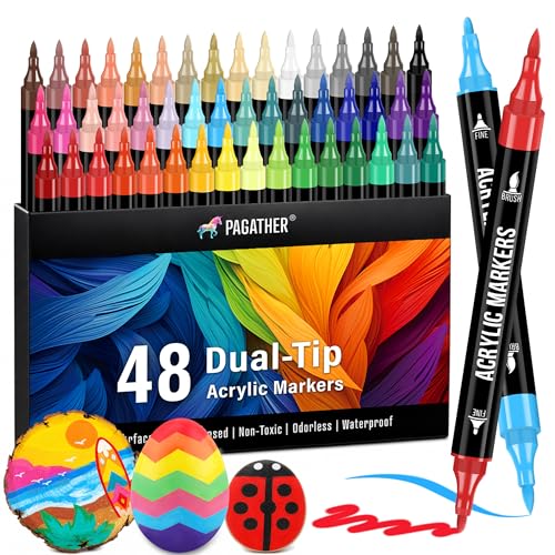 Pagather Acrylic Paint Markers, 48 Colors Dual Tip Fine & Brush Pens Set | For Rocks, Fabric, Wood, Glass & More, Perfect for DIY Crafts and Creative Art Projects with Bright, Smooth and Quick-Dry Ink