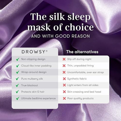DROWSY Silk Sleep Mask - Face-Hugging, Padded Cocoon for Luxury Sleep in Total Darkness - 100% Pure Mulberry Silk (Lavender Haze) - color: Lavender Haze, size: 1 Count (Pack of 1)