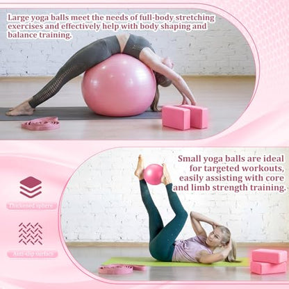 6-in-1 Yoga Balls and Yoga Block Set with Strap Foot Pump, Exercise Pregnancy Balls for Birthing, Pilates Kit Fitness Physical Therapy Home Gym Workout Equipment - color: Pink