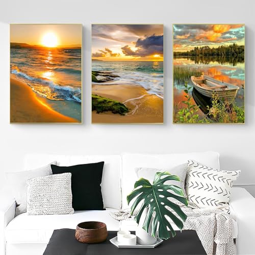 OFRKE Diamond Painting Kits for Adults,3 Pack Sunset Ocean Diamond Art for Beginners, Diamond Round 5D Full Drill Paint with Diamonds Pictures Gem Art Painting Kits DIY Crafts Kits 12x16inch - color: 3pcs-Sunset Ocean